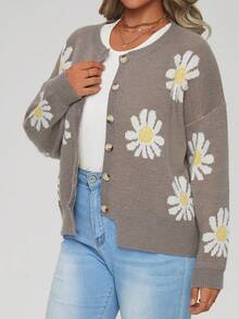 SHEIN LUNE Hơn Mô hình hoa Thả vai Áo len Mở - Xám - Xem 3