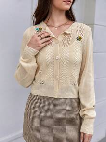 SHEIN LUNE Floral Embroidery Button Front Cardigan - Yellow - View 4