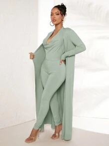 SHEIN SXY 開門襟外套和垂領連身褲 - 薄荷綠 - 查看 4