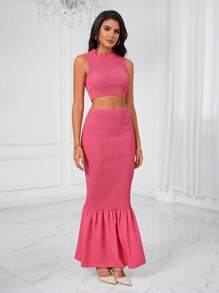 GENKIRA Solid Crop Tank Top & Mermaid Hem Skirt - Red - View 3