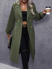 SHEIN Privé 西裝領雙排釦風衣外套 - 軍綠色 - 查看 8