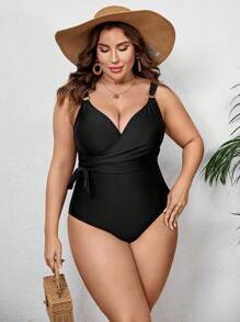 SHEIN Swim Curve 優雅純色大碼一件式泳衣打結 圓環 交叉 - 黑色 - 查看 3