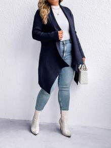 SHEIN LUNE Plus Waterfall Collar Open Front Asymmetrical Hem Cardigan - Navy Blue - View 5