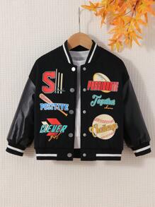 SHEIN 女小童字母圖案落肩袖條紋飾邊學院風夾克 - 黑色 - 查看 7