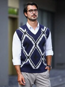 Manfinity Homme 男士1入組菱形印花毛衣背心 - 彩色 - 查看 3