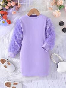SHEIN Young Girl Fuzzy Sleeve Fitted Dress - Purple - View 5