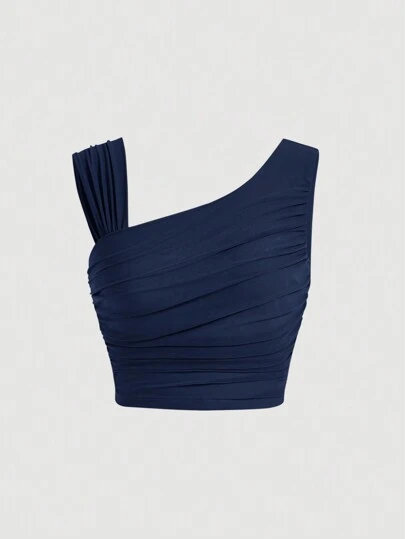 SHEIN MOD 素色褶邊不對稱領短款上衣