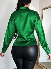 SHEIN SXY Twist Front Drop Shoulder Satin Blouse - Green - View 2