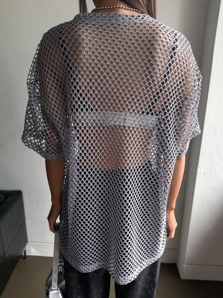 Letter Patched Drop Shoulder Mesh Top Without Bra Going Out Tops Sheer