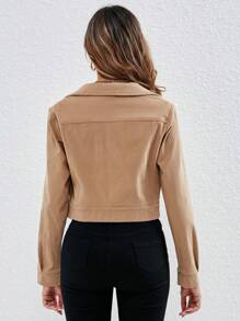 SHEIN LUNE Flap Pocket Button Front Crop Corduroy Jacket In Fall/Winter - Khaki - View 2