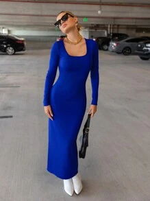 SHEIN Essnce 純色湯匙領修身洋裝 - 寶藍色 - 查看 3