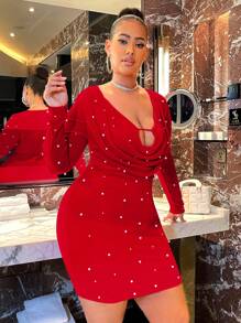 SHEIN SXY Đầm Plus Size cườm đính Vắt Ngọc trai màu trơn Gợi cảm Buổi tiệc - Đỏ - Xem 5