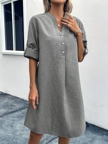 SHEIN Clasi Roll Tab Sleeve Half Button Tunic Dress - Light Grey - View 6