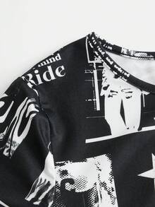 SHEIN 青少年女孩字母人物圖案T恤 - 黑色 - 查看 5