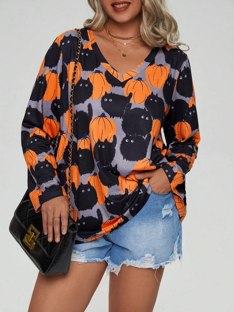 Plus Cartoon Graphic V Neck Tee