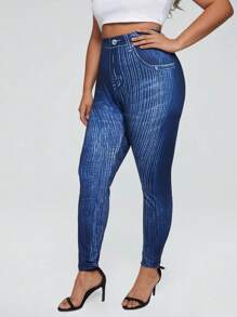 Calvaya Plus Denim-Effect Print Jeggings - Blue - View 1