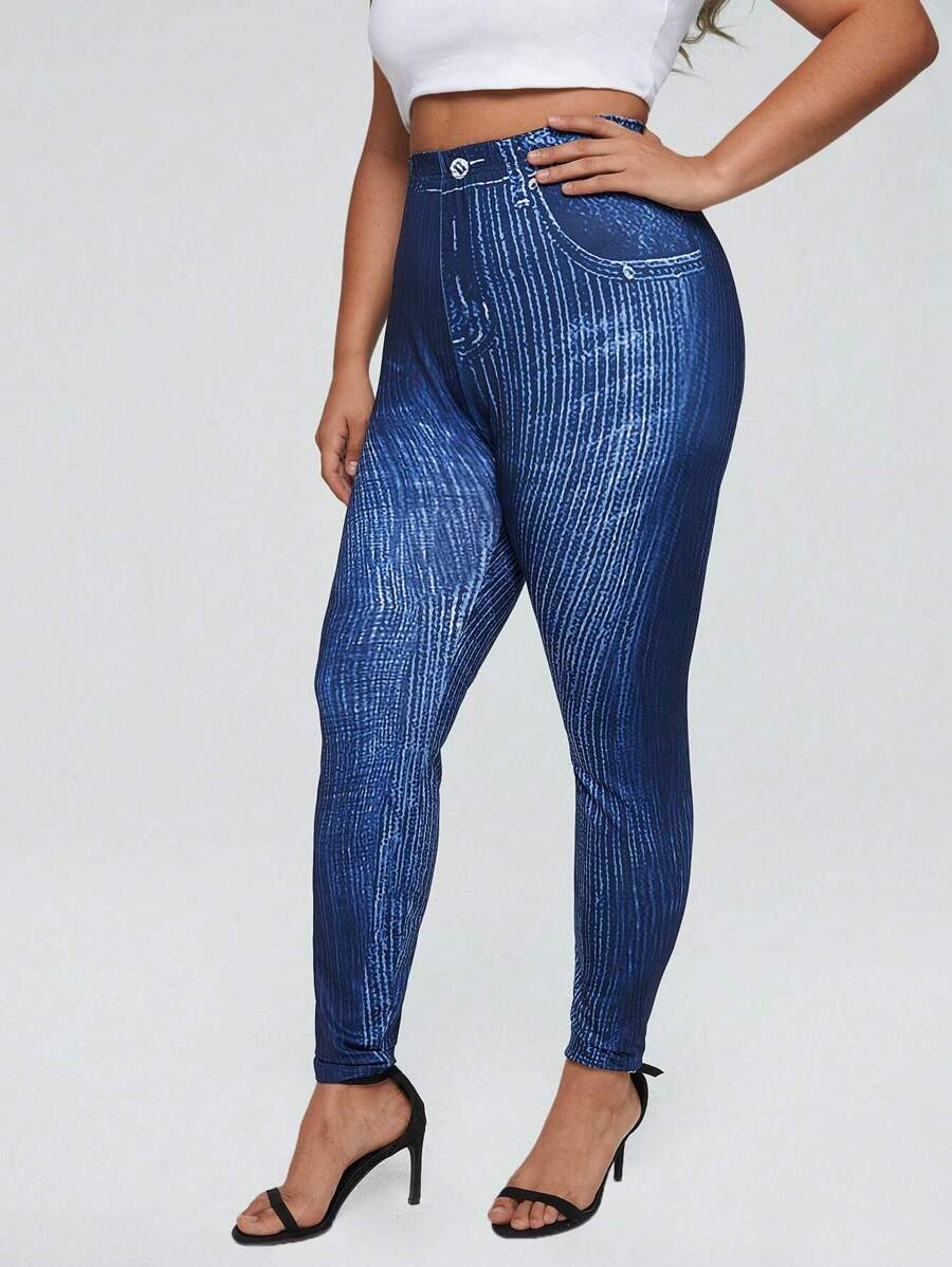 Calvaya Plus Denim-Effect Print Jeggings - Blue - View 1