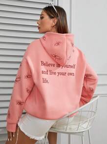 SHEIN Unity 標語圖案落肩袖加絨內裏連帽衫 - 粉色 - 查看 5