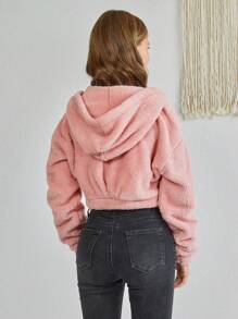 RueChic Tween Girl Zip Up Hooded Teddy Jacket - Pink - View 2