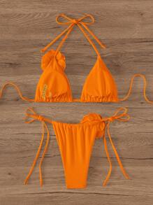 Swim Chiccia Summer Beach Floral Appliques Triangle Halter Tie Side Bikini Set Bathing Suit - Orange - View 2