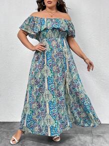 SHEIN Clasi Talla grande Vestido con estampado de paisley de hombros descubiertos ribete con fruncido de muslo con abertura - Azul - Ver 1