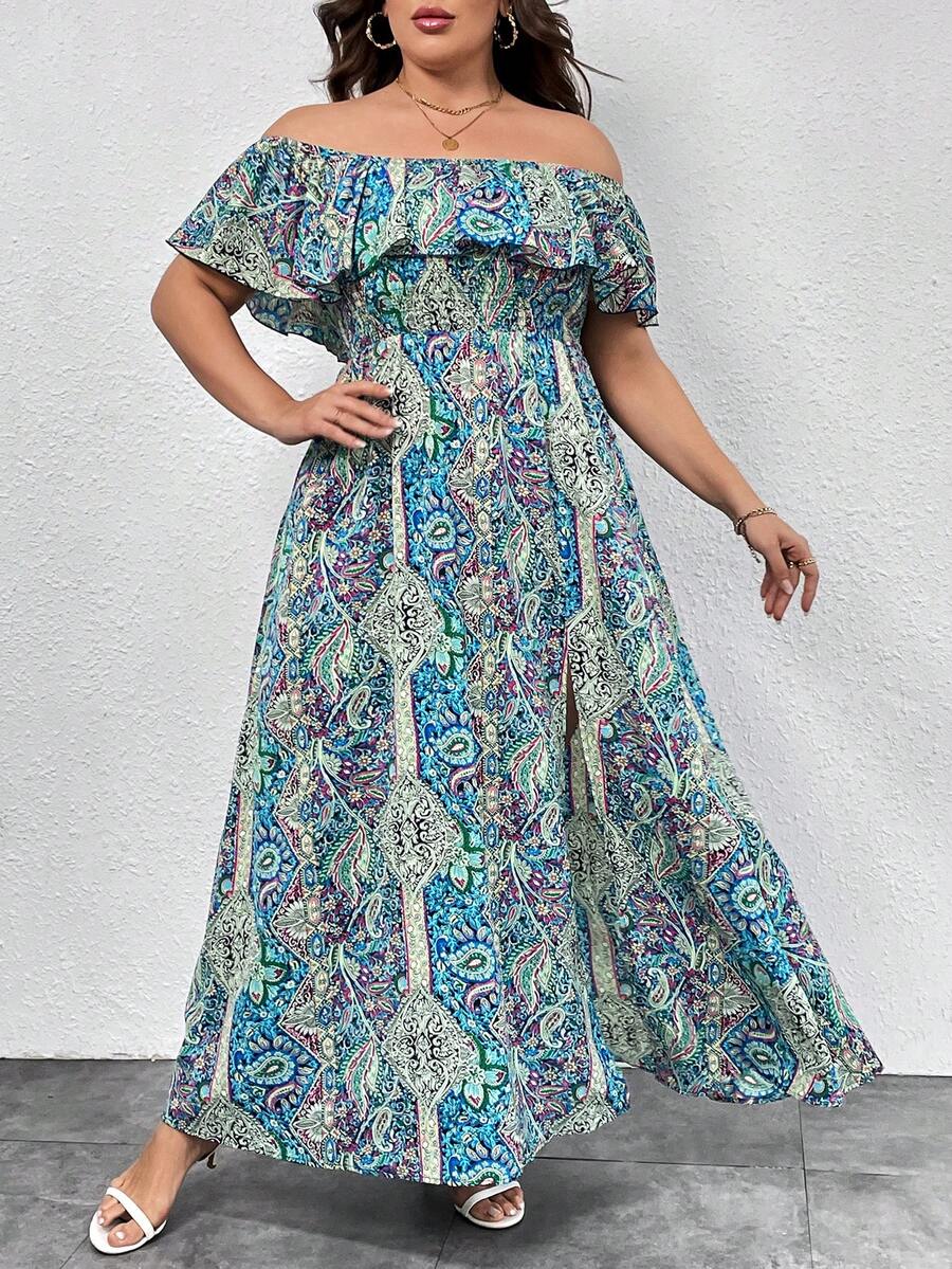 SHEIN Clasi Talla grande Vestido con estampado de paisley de hombros descubiertos ribete con fruncido de muslo con abertura - Azul - Ver 1