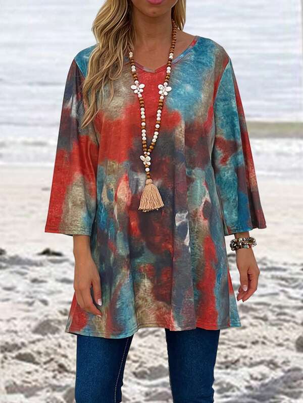 Tie Dye V Neck Longline Tee