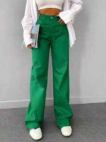 RueChic High Waisted Wide Leg Jeans - Green - View 5