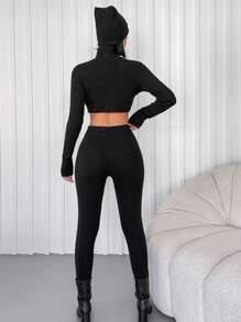 EURMUSE Cut Out Front Crop Tee & Leggings - Black - View 2