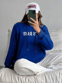 Flirla Plus Letter Graphic Raglan Sleeve Drawstring Hoodie