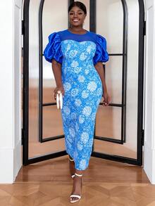 大碼印花泡泡袖後背開衩洋裝 - 藍色 - 查看 4