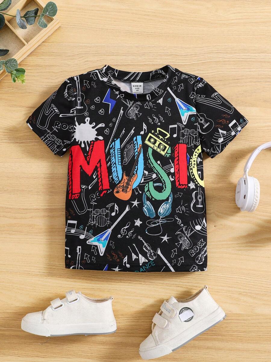 SHEIN 小男孩夏季黑色字母印花圓領常規袖休閒酷T恤 - 黑色 - 查看 1