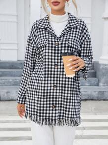 SHEIN Essnce Gingham Print Drop Shoulder Fringe Hem Coat - Black and White - View 1