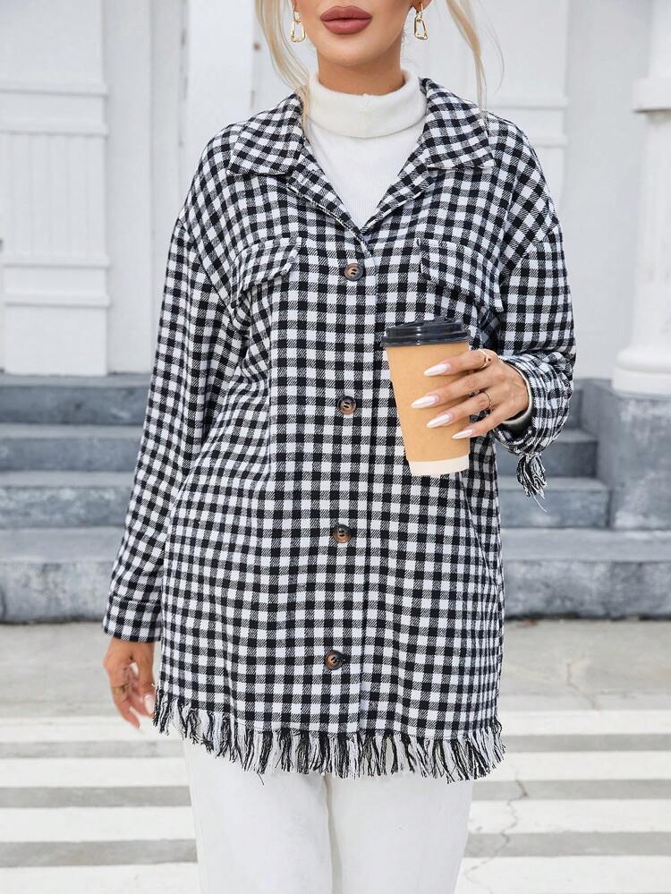 Gingham Print Drop Shoulder Fringe Hem Coat