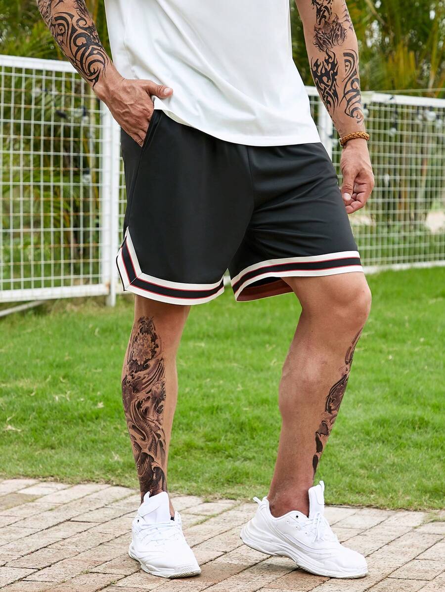 Manfinity Homme Nam Plus Sọc trang trí Eo dây rút Lỏng lẻo phù hợp Quần short - màu đen - Xem 1