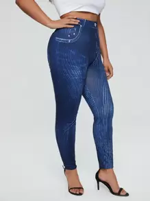 Calvaya Plus Denim-Effect Print Jeggings - Blue - View 5
