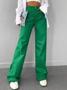 RueChic High Waisted Wide Leg Jeans - Green - View 1