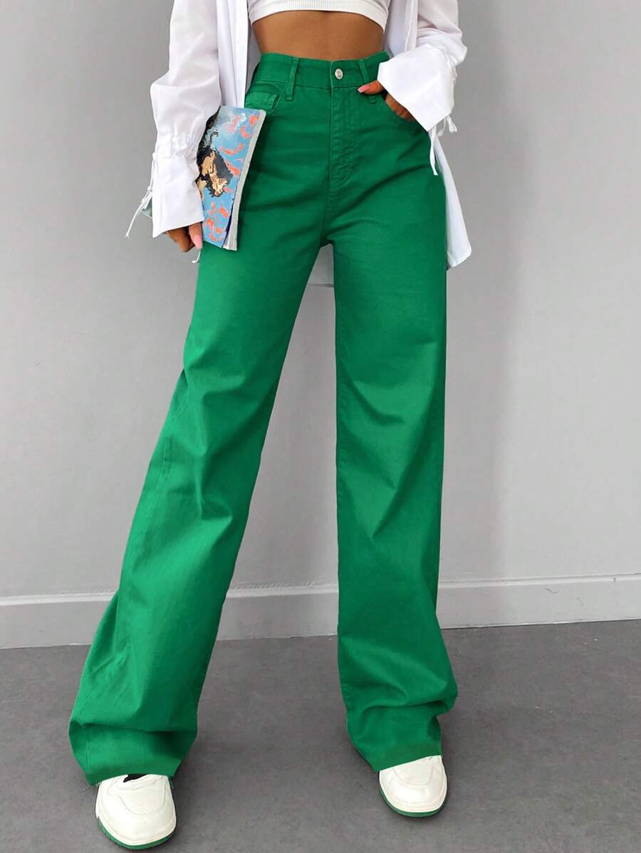 RueChic High Waisted Wide Leg Jeans - Green - View 1