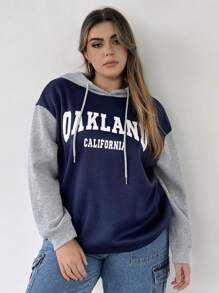 Flirla 加大码字母图案撞色落肩抽绳卫衣 - 黑色 - 查看 1