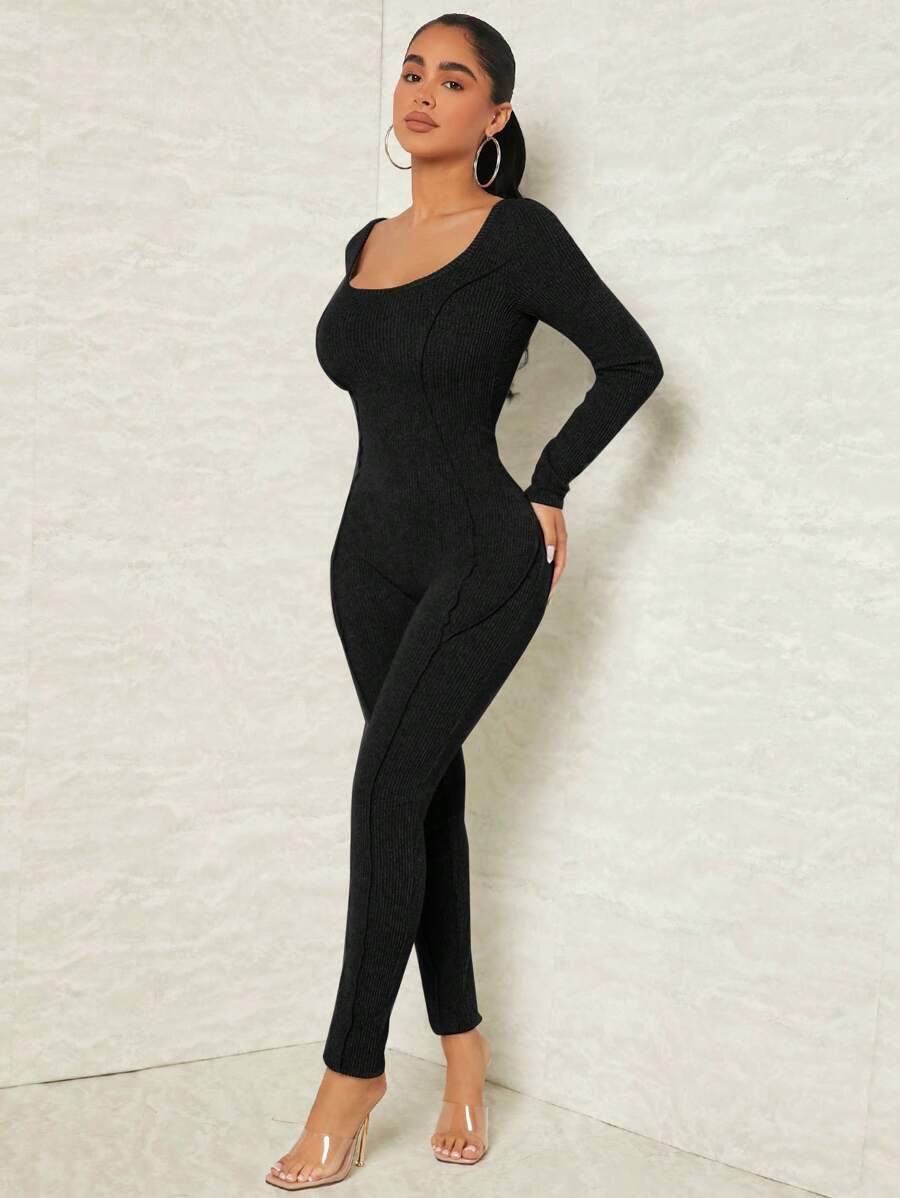 SHEIN SXY Solid Rib Knit Unitard Jumpsuit - Black - View 1