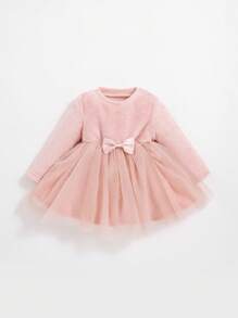 SHEIN 女嬰前蝴蝶結網紗邊洋裝 - 粉色 - 查看 1