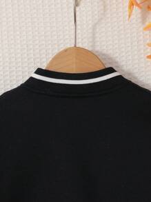 SHEIN 女小童字母圖案落肩袖條紋飾邊學院風夾克 - 黑色 - 查看 6