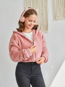 RueChic Tween Girl Zip Up Hooded Teddy Jacket - Pink - View 6