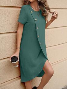 SHEIN Clasi 紐扣細節圍裹連衣裙 - 墨綠色 - 查看 6