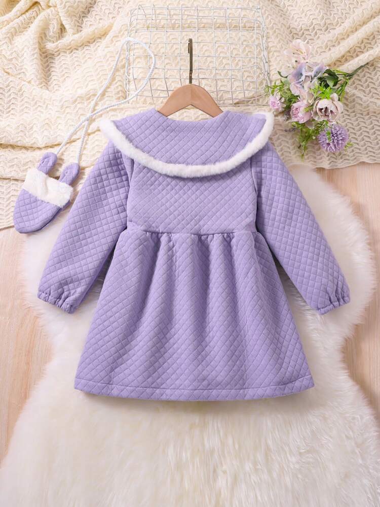 Young Girl Contrast Binding Peter Pan Collar Half Button Dress With Bag