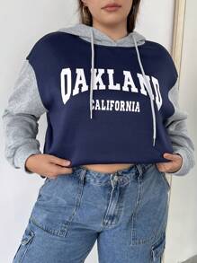 Flirla 加大码字母图案撞色落肩抽绳卫衣 - 黑色 - 查看 3