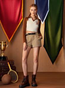 HARRY POTTER X SHEIN 字母圖案金屬扣環腰帶運動短褲 - 卡其色 - 查看 3