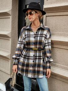 Aveloria Plaid Print Drop Shoulder High Low Hem Coat Without Belt