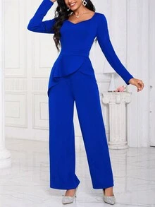 SHEIN Lady Sweetheart Neck Asymmetrical Hem Jumpsuit - Royal Blue - View 4
