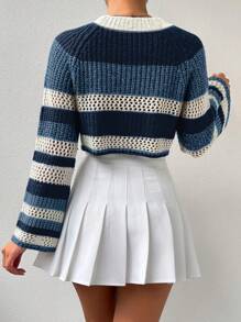 Flirla Colorblock Raglan Sleeve Pointelle Knit Crop Sweater Knit Pullover Fall Winter Outfit